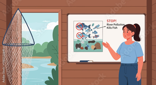 Woman pointing at educational poster board.