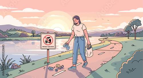 Woman picking up trash outdoors alone.