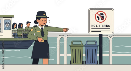 Woman pointing on a boat dock.