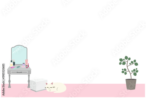 朝のメイクルーティン(ドレッサーに並ぶ化粧品と観葉植物の背景イラスト素材)