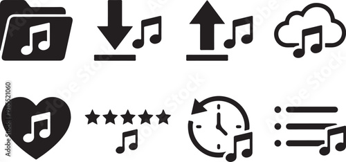 Music icons, audio symbols, sound effects, black vector graphics