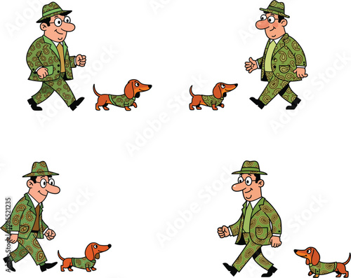 Cartoon man walking his dachshund dog wearing matching green paisley patterned suits for funny pet owner fashion concept friendship