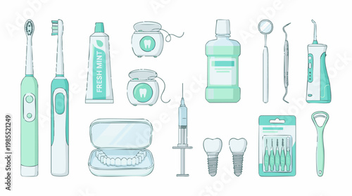 Oral hygiene and dental care tools set in flat design