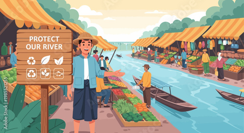 Woman standing by river market sign.