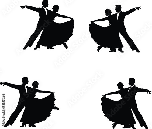 Elegant ballroom dancing couple silhouettes performing graceful waltz or tango moves for romantic wedding events gala dance competition