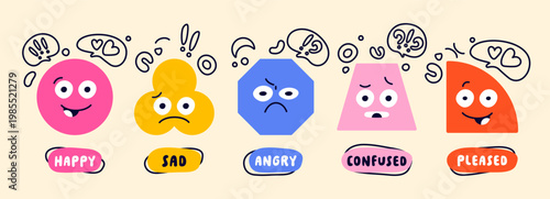 Geometric figure face emotions. Cute colorful shapes circle, clover, hexagon, triangle, semicircle with expressing happy, sad, angry, confused, and pleased feelings with playful speech bubbles.
