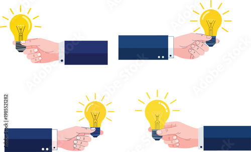 Business professional hands holding glowing yellow light bulbs representing creative ideas innovation brainstorming success