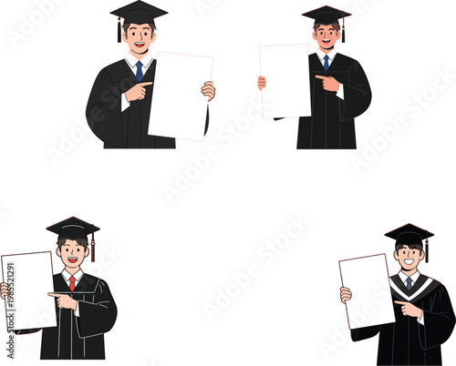 Happy male students in graduation gowns and caps holding blank white boards for announcements university degree completion ceremony