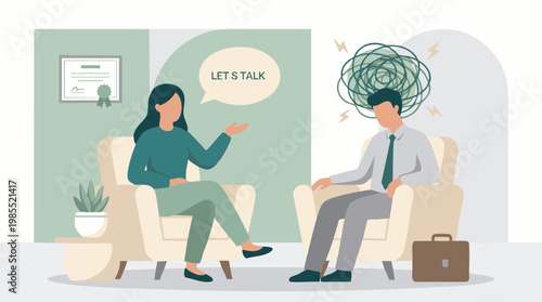 Mental health therapy session with a female psychologist and a stressed man.