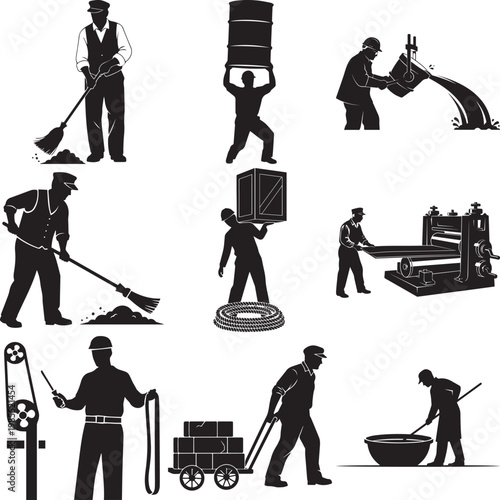 Vintage Style Industrial Worker Silhouette Set Featuring Manual Laborers Sweeping, Lifting Barrels, Pouring Molten Metal, and Operating Heavy Machinery in a Factory Setting