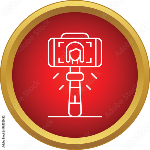 Selfie stick with a mobile displaying a woman profile, capturing video for social media