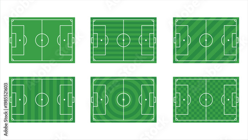 Green soccer/football field aerial view illustration, football stadium grass pitch with white line markings isolated on white background.
