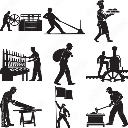 Set of industrial worker silhouettes representing various manual labor professions, including a baker, carpenter, factory workers, and laborers for trade and industry concepts.