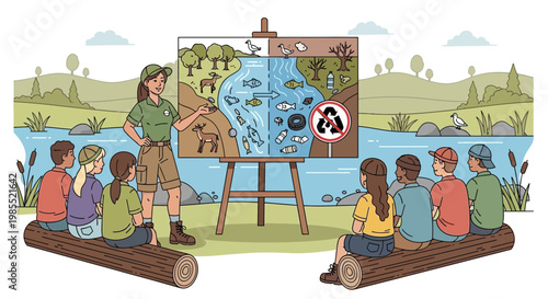 Woman teaching children about panda conservation.