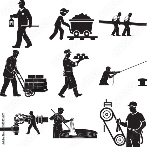 Collection of industrial worker silhouettes and occupational icons featuring manual labor professions including mining, construction, logistics, manufacturing, and food service.