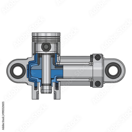 Cutaway view of a hydraulic cylinder with piston and internal mechanism