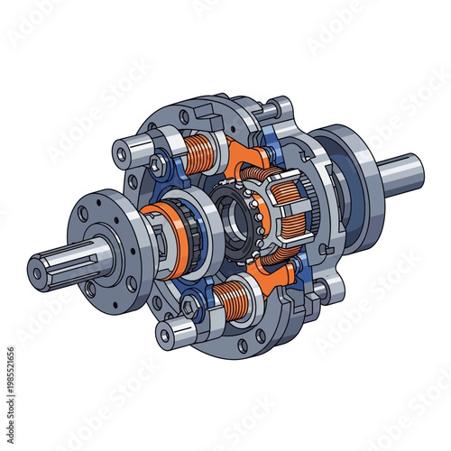 Cross-section of a complex mechanical differential gear assembly with internal components visible