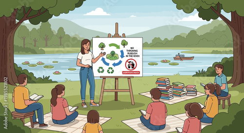 Woman teaching children outdoors education.