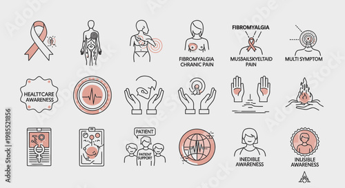A collection of line icons depicting healthcare awareness, fibromyalgia, chronic pain, patient support, and invisible illness concepts.