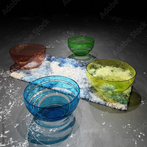 Vibrant glass bowls on colorful rug with modern home decor