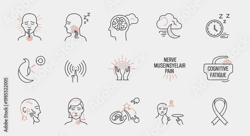 A comprehensive set of medical icons illustrating various symptoms of chronic fatigue, pain, and neurological conditions.