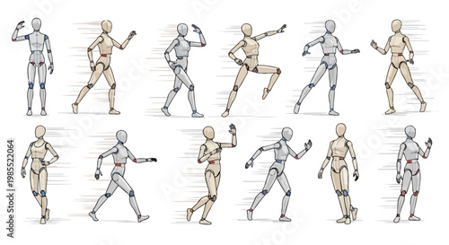 Set of 10 Humanoid Robot Vector Illustrations in Dynamic Poses