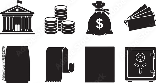 Banking, finance icons, money symbols, 8 black vector graphics, business, investment, banking