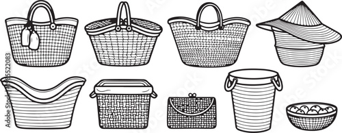 A collection of intricately woven baskets with unique handles and patterns Vector