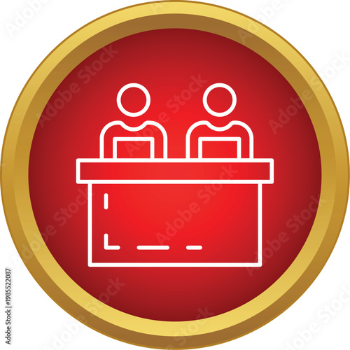 Panelists or speakers sitting behind a desk, presenting a report or news