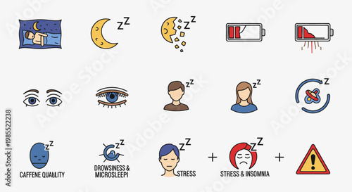 A comprehensive set of icons illustrating various aspects of sleep, energy levels, fatigue, and related health issues like stress, insomnia, and caffeine effects.