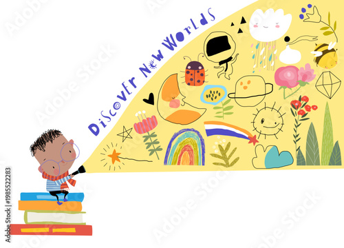 Little Boy sitting on Stack of Book and shining a Flashlight