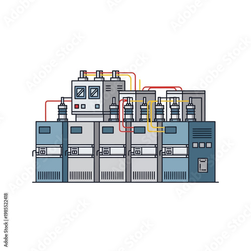 Industrial electrical substation with complex wiring and circuit breakers, modern technology