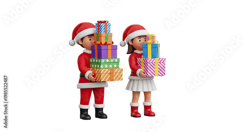 Children in Santa Outfits Carrying Stacks of Christmas Presents