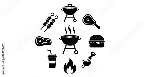 Black silhouette icons representing a summer barbecue and grilling theme with various foods