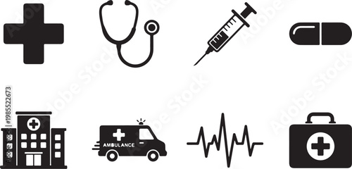 Medical icons, healthcare symbols, hospital signs, medical equipment, vector graphics