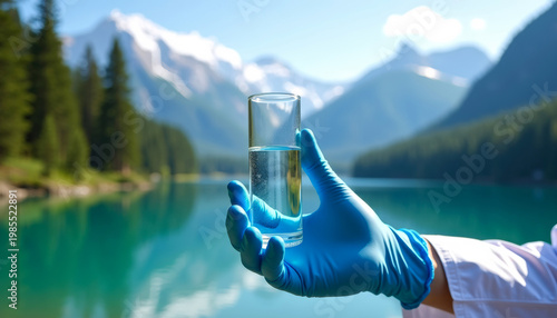Tube of crystal clear water in hand of  latex-gloves laboratory assistant against backdrop of picturesque mountain lake. Test quality of water.