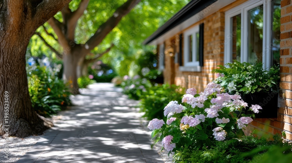 Fototapeta premium Mid-century bungalow row in chicago with lush sidewalk view and blooming garden
