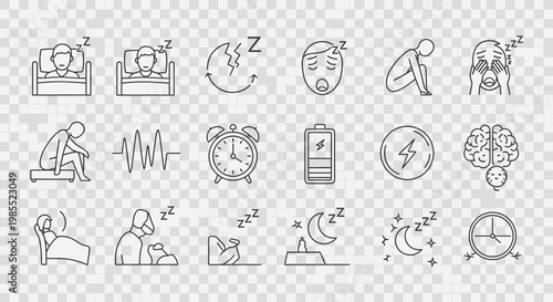 Collection of line art icons depicting sleep problems, insomnia, fatigue, and various related mental and physical states.