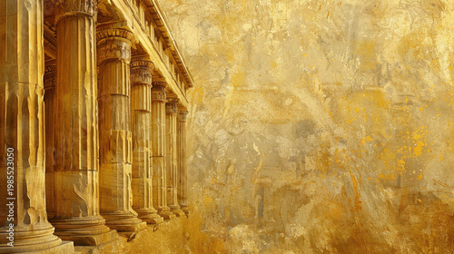 Yellow background with building and pillars. Ancient Greece and Roman empire textured wallpaper. Copy space