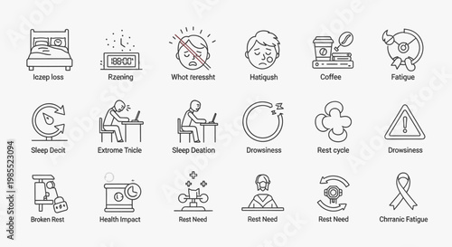 A collection of line icons depicting sleep disorders, fatigue, drowsiness, and the importance of rest and health impact.