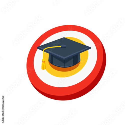 Flat vector illustration of a graduation cap on a target, symbolizing goal achievement, academic success, and education results.