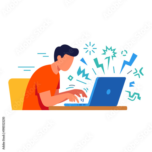 Man experiences frustration while working on a laptop with chaotic symbols around him.