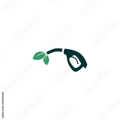 A minimalist vector logo featuring a dark teal fuel nozzle silhouette. Two vibrant green leaves emerge from the tip of the nozzle, visually representing biofuels, clean energy alternatives, and enviro
