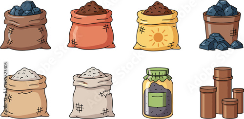 Natural Resource Materials Collection Set with Coal Soil Salt Powder Jar and Wooden Logs Isolated Vector Illustration