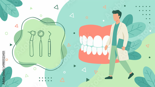 Dental health and oral care concept with doctor, dental tools, and teeth