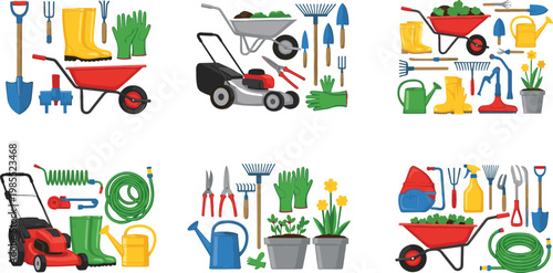 Gardening Tools Collection Set with Lawn Mower Wheelbarrow Watering Can Gloves and Equipment for Garden Work Vector Illustration