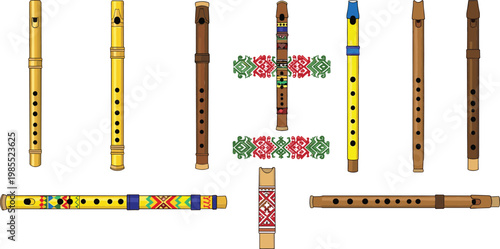 Traditional Flute Collection Set with Wooden Recorder Folk Wind Instruments Isolated on White Background Vector Illustration