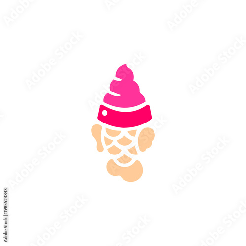 This minimalist vector illustration depicts a popular Japanese street food dessert. It features a tan, fish-shaped waffle cone (Taiyaki) with visible scale patterns. The "mouth" of the fish is filled 