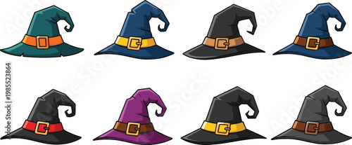Witch Hat Collection Set with Halloween Magic Wizard Costume Caps Isolated on White Background Vector Illustration