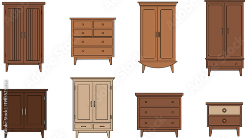 Wooden Cabinet Collection Set with Wardrobe Drawer and Storage Furniture Isolated on White Background Vector Illustration